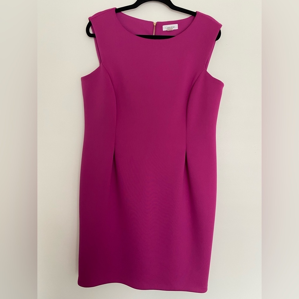 Calvin Klein Midi Dress 16P Magenta Pink Sheath Office Attire Classic Gold Zip